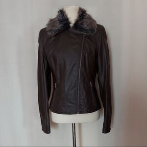 Celebrity Pink Dark Brown Faux Leather Jacket with Removable Fur Collar